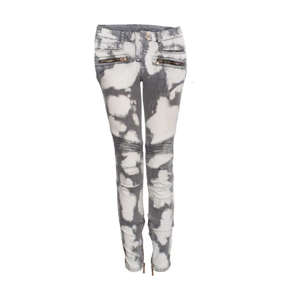 Balmain Gray biker jeans with bleach stains.